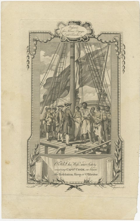 1778 Engraving: Captain Cook's Second Voyage, Meeting the Tahitians, view 2