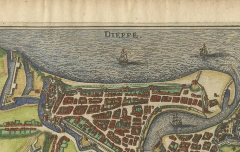 Dieppe, Antique Hand-Coloured French Coastal Town Engraving (1666), close-up 1