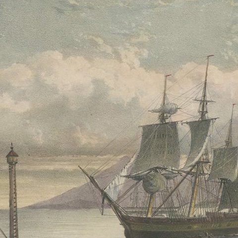 Old Print of Ships near Anyer & Krakatoa in the Sunda Straits, Indonesia, 1844, close-up 3