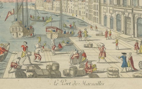 The Port of Marseille, 18th Century Hand-Colored Engraving by Daumont, Paris, close-up 4