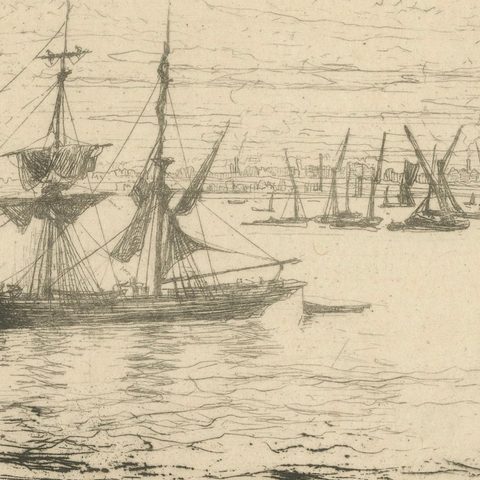 A Brig at Anchor, Thames, Haden, 1870, British Etching Revival, close-up 4