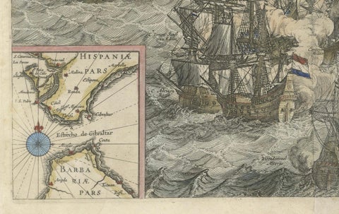 Rare Large 1650 Copper Engraving Depicting the Naval Battle of Gibraltar, 1607, close-up 1