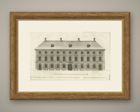 Antique Print of a Maritime Building in Copenhagen in Denmark, 1746, shown framed