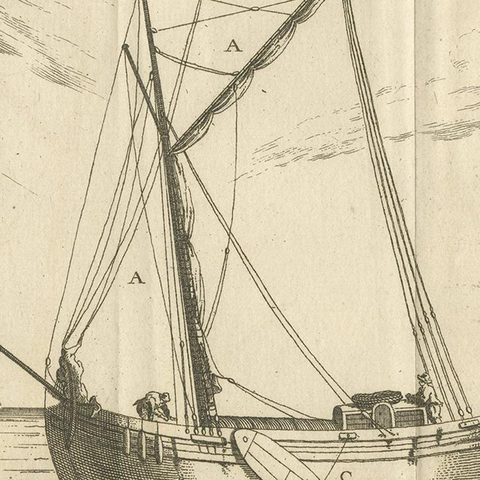 Antique Print of a Small Vessel by Pluche '1735', close-up 2