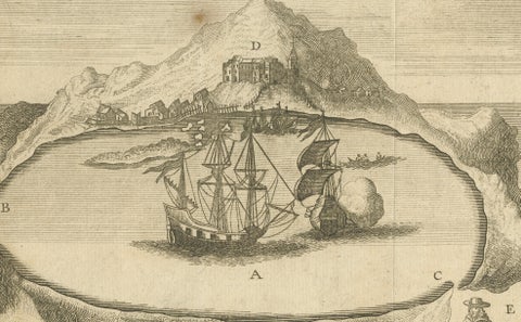 Solor Island View, Indonesian Harbor Engraving, French Voyage Plate c.1700, close-up 3
