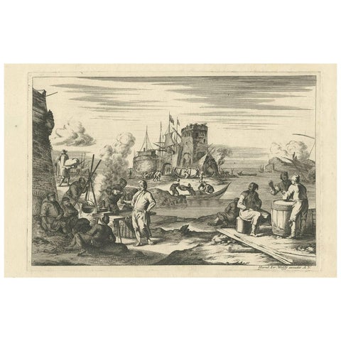 Antique Untitled Harbour View 'IV' by J. Wolff, circa 1730
