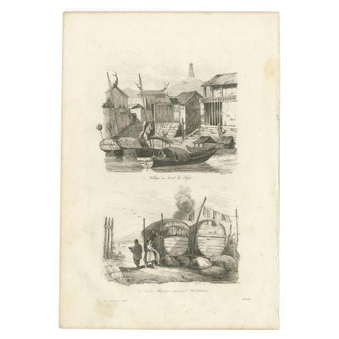 Antique Print of Chinese Boats and a Chinese Village by Dumont d'Urville '1834', view 2