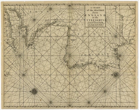 Original Antique Sea Chart of the Coastline from England to Gibraltar, ca.1700, view 2