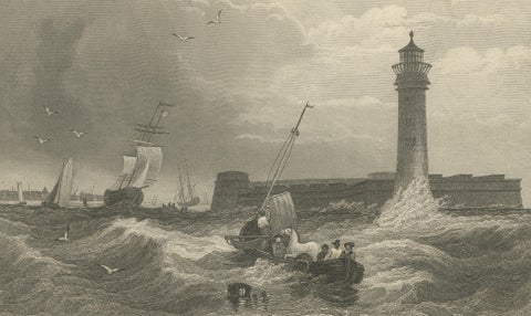 Black Rock New York Harbor Lighthouse, Antique Steel Engraving c.1850, close-up 2