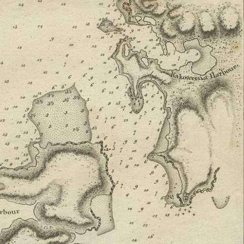Old Map of Awatska Bay on the Coast of Kamchatka Peninsula, Russia by Cook, 1784, close-up 1