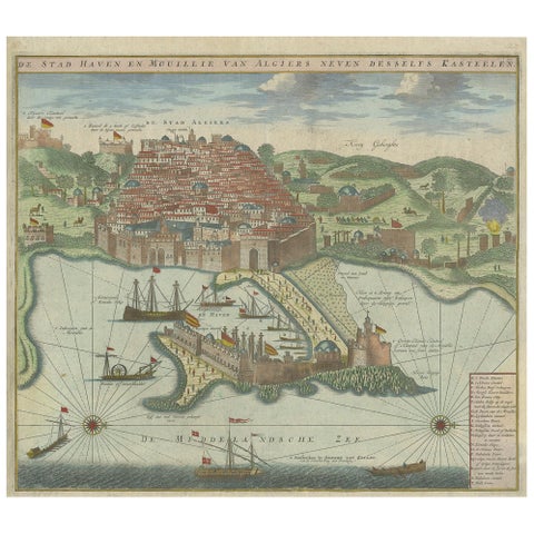 Antique Print of the Port and City of Algiers by Van Keulen, circa 1720