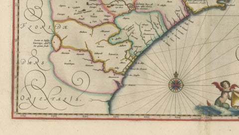 Blaeu Virginia and Florida Map, Decorative Early America Chart, 1642, close-up 3
