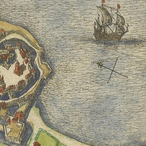 Cherbourg, Antique Hand-Coloured French Coastal Town Engraving (1666), close-up 4