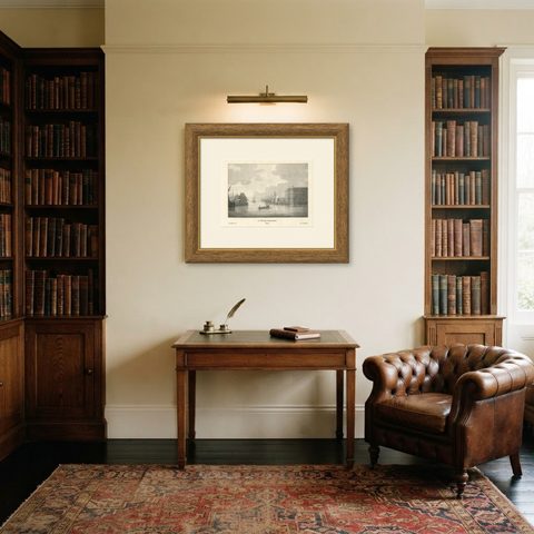 Amsterdam Maritime Shipyard View by Schelfhout, 19th Century Lithograph, shown framed in a room