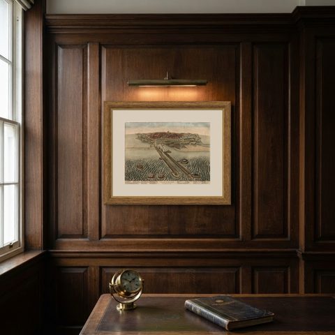 Spectacular 1770 Bird's-Eye View of Dunkirk Harbor by Basset, with 66 Landmarks, shown framed on a wall