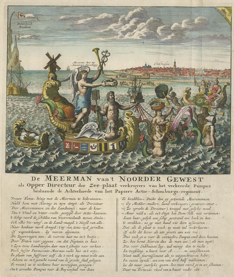 Antique Satirical Print showing Mermaids about the Port of Enkhuizen, circa 1720, view 2