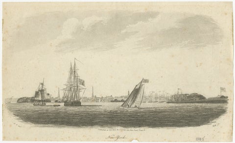New York Harbor Panorama, sailing ships & city skyline, British engraving, 18050, view 2