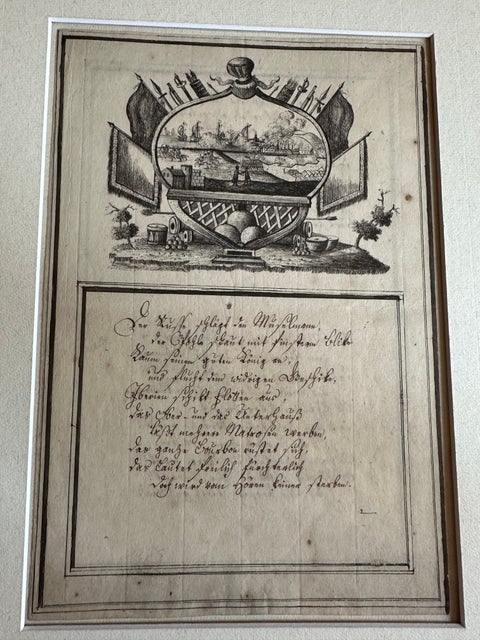 18th-Century German Engraving, Allegory of War, Poem & Naval View, view 3