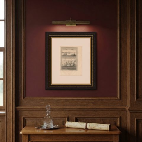 Antique Print of Chinese Vessels, 1748, shown framed on a wall