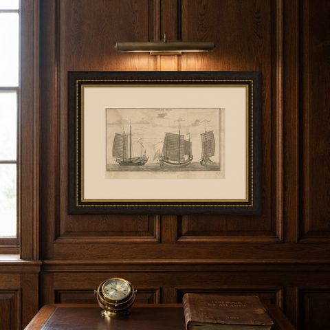 Antique Print of Chinese Vessels by Anson, '1749', shown framed on a wall