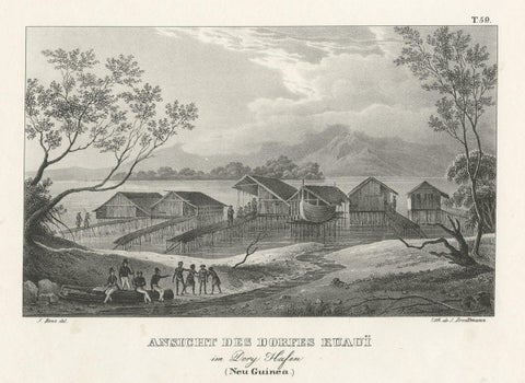Original Lithograph with a Scene of a Village and Harbour in New Guinea, c.1836, close-up 1
