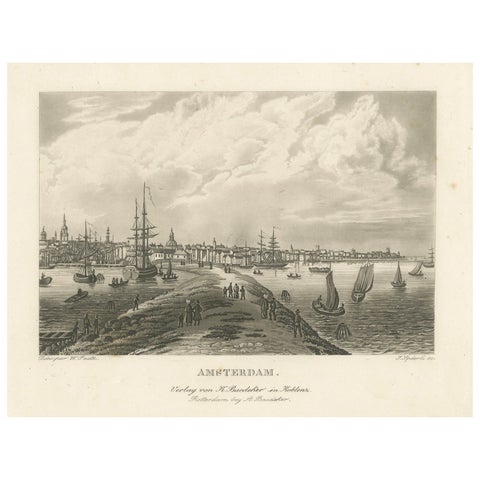Amsterdam Harbor View: Antique 19th Century Engraving of Maritime Life