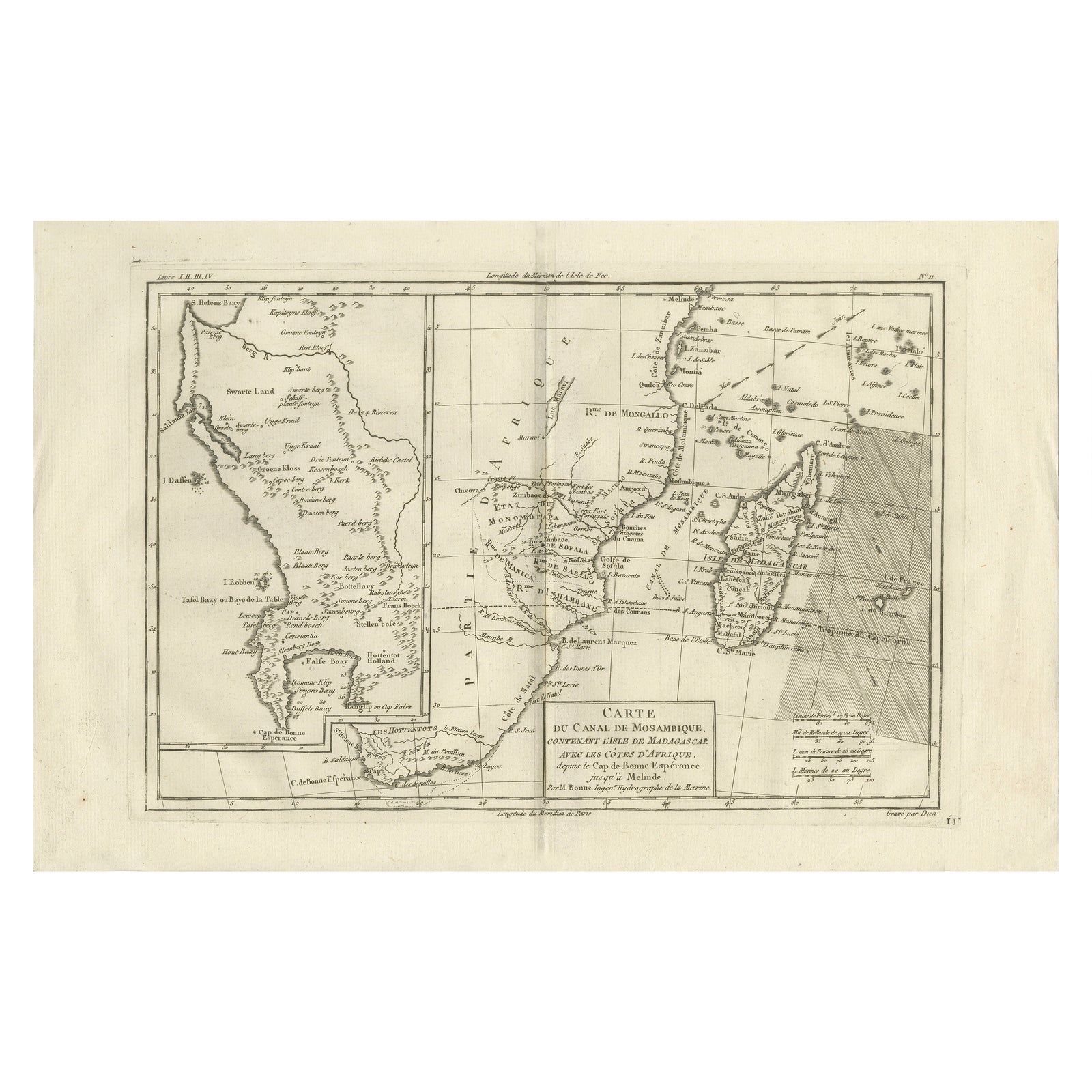 Mozambique Channel & Madagascar, Antique African Sea Chart, Bonne c1780