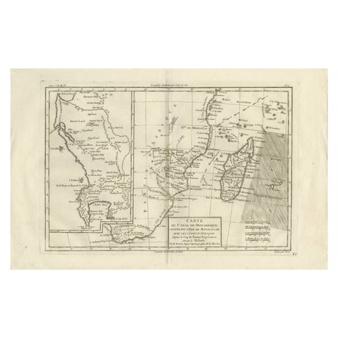 Mozambique Channel & Madagascar, Antique African Sea Chart, Bonne c1780