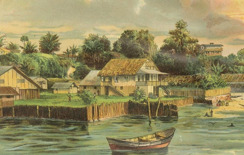 Antique Chromolithograph of Coastal Cameroon with Boats and Settlement, ca. 1890, close-up 2