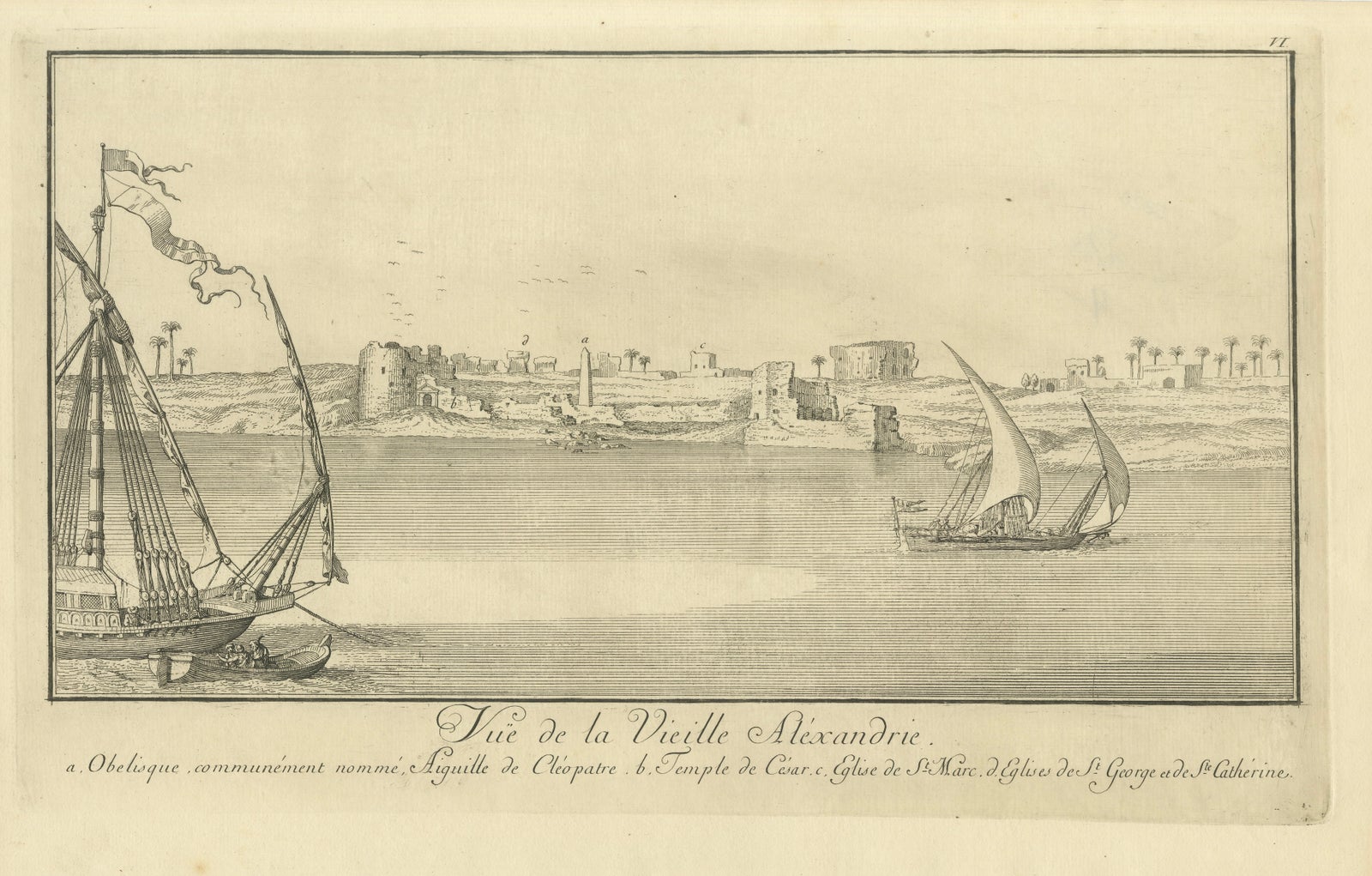Old Alexandria Harbor, Antique Egypt Engraving by Norden & Tuscher, 1755