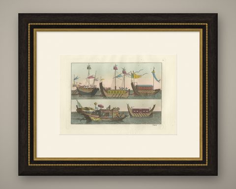 Chinese Boats and River Vessels, Hand-Coloured Ferrario Engraving, 1815, shown framed