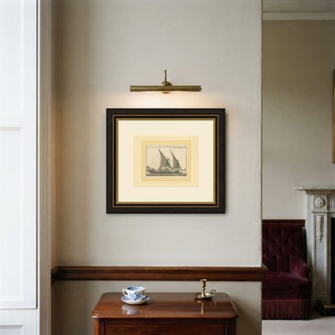 Antique Print of a Sailing Galley by Pluche '1735', shown framed on a wall