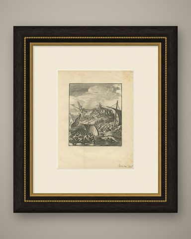 Antique Print of a Shipwreck Near Arrakan in India, 1775, shown framed