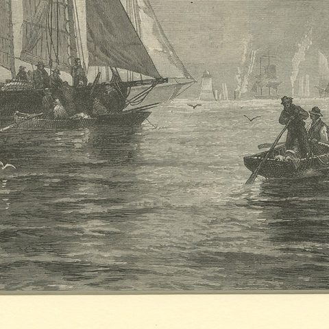 19th-Century Maritime Engraving, Fishing Boats and Rowers at Sea, close-up 4