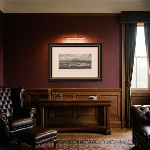 Rare City View of London and Westminster, Showing Many Battles Ships, 1804, shown framed in a room