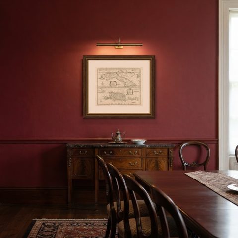 Antique Map of Cuba & Hispaniola, Caribbean Sea Chart by Bowen, 1744, shown framed in a room