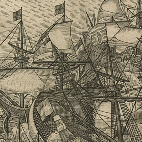 Engraving of Dutch Attacking the Portuguese Fleet off Bantam, Indonesia, 1644, close-up 3
