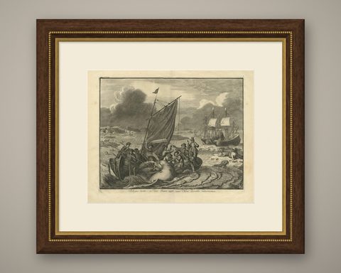 Antique Print of the Sea Voyage to Nova Zembla, Russia, circa 1730, shown framed