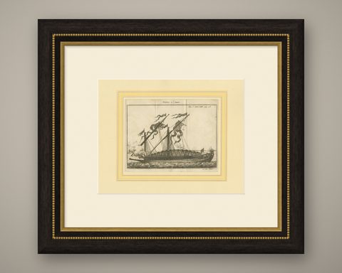 Antique Print of an Anchored Ship by Pluche '1735', shown framed