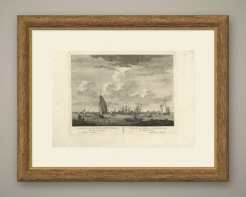 Antique Print with a View of Amsterdam from the IJ Dock by H. Schouten, shown framed