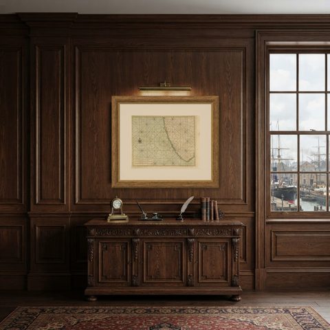 Antique Print of the Malabar Coast of India showing the VOC establishments, 1726, shown framed in a room