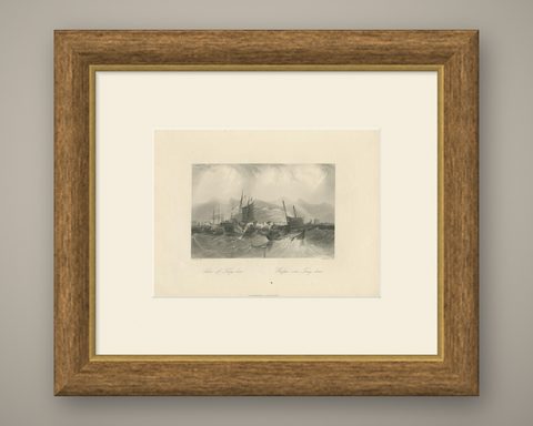 Antique Print of the Port of Ting Hai in China, c.1850, shown framed
