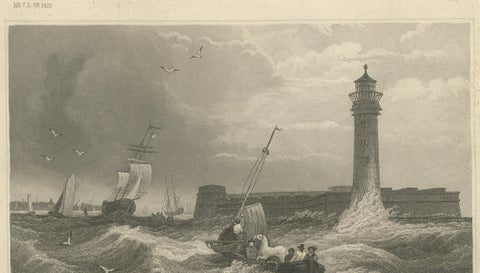 Black Rock New York Harbor Lighthouse, Antique Steel Engraving c.1850, close-up 3