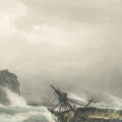 Antique Ship Print 'La Bellone' by Durand-Brager, circa 1850, close-up 2