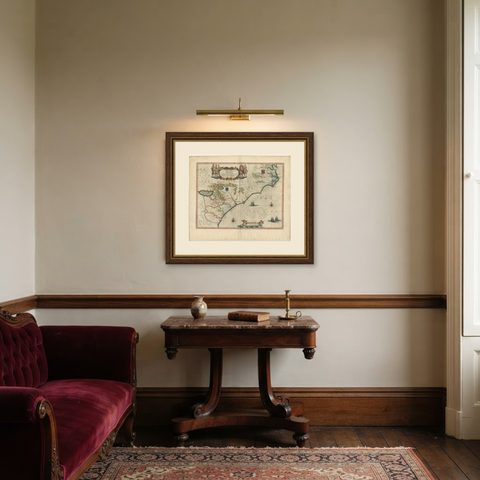 Blaeu Virginia and Florida Map, Decorative Early America Chart, 1642, shown framed in a room