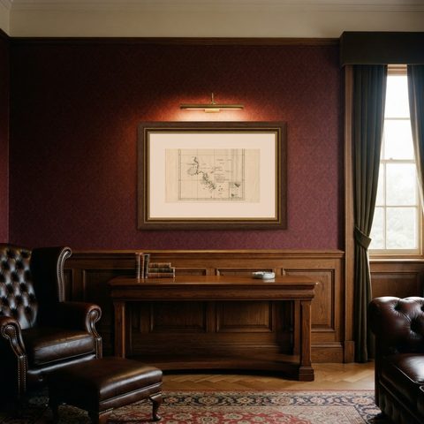 Antique Map of the Coast of Kerguelens Island by Cook, 1803, shown framed in a room