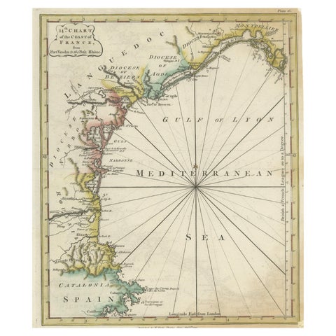 Antique Map of the Coast of Southern France, 1793