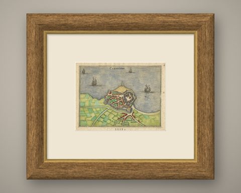 Cherbourg, Antique Hand-Coloured French Coastal Town Engraving (1666), shown framed