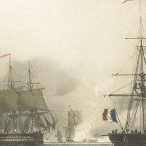 Antique Litograph of a Combat Between French and British Ships, 1844, close-up 2