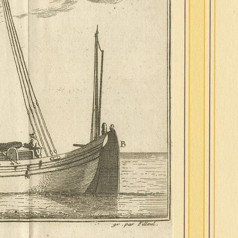 Antique Print of a Small Vessel by Pluche '1735', close-up 1